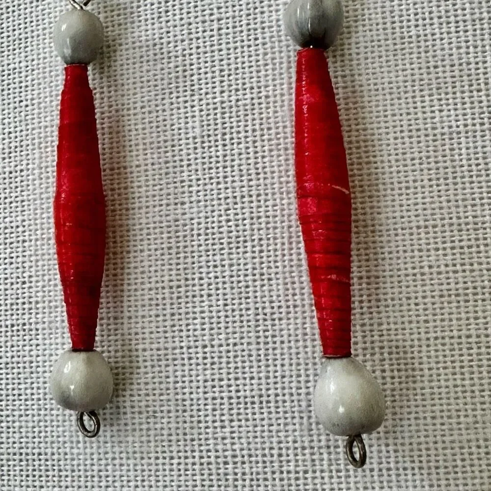 red and white paper and seed beaded earrings